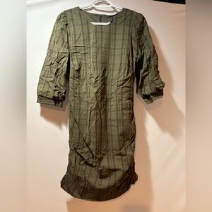 Zara Olive Green Plaid Puff-Sleeve Shift Dress